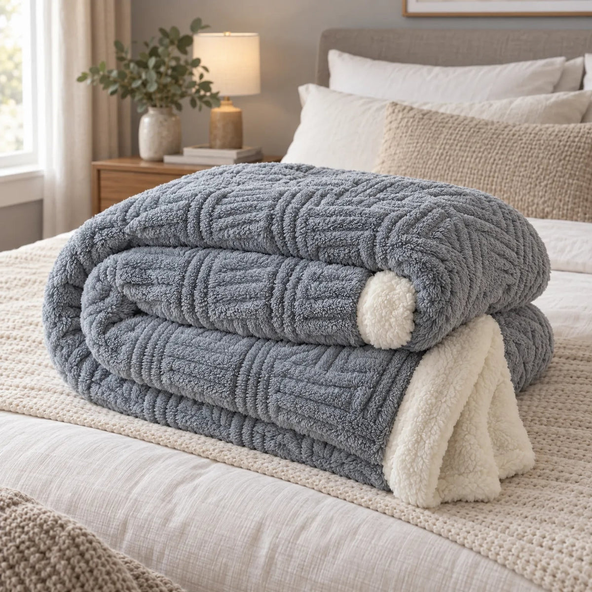 Knitted Throw Blanket With Reversible Sherpa Lining - Image 1
