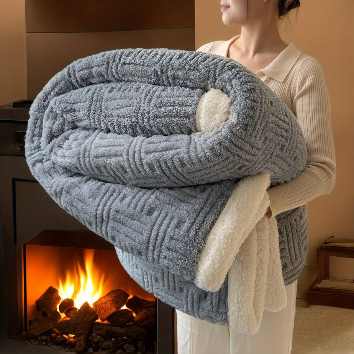 Knitted Throw Blanket With Reversible Sherpa Lining - Image 2