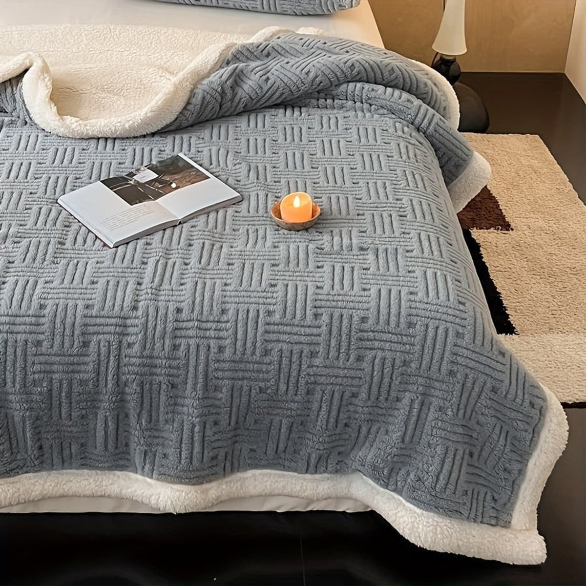 Knitted Throw Blanket With Reversible Sherpa Lining - Image 4