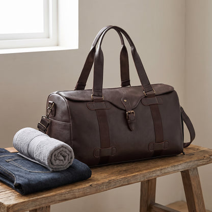 Leather Duffel Bag with Supportive Weekender Design and Buckle Closure - scale