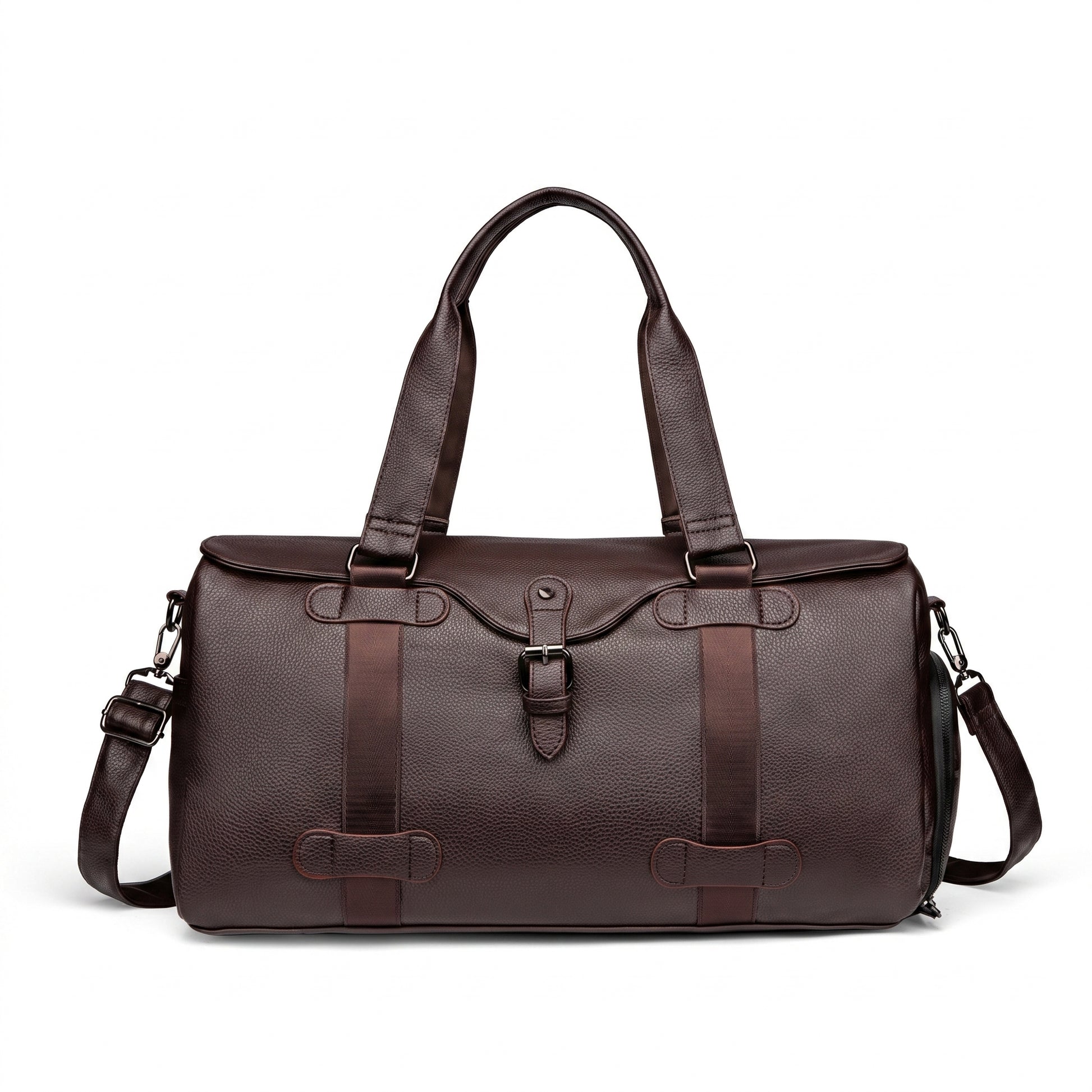 Leather Duffel Bag with Supportive Weekender Design and Buckle Closure - studio