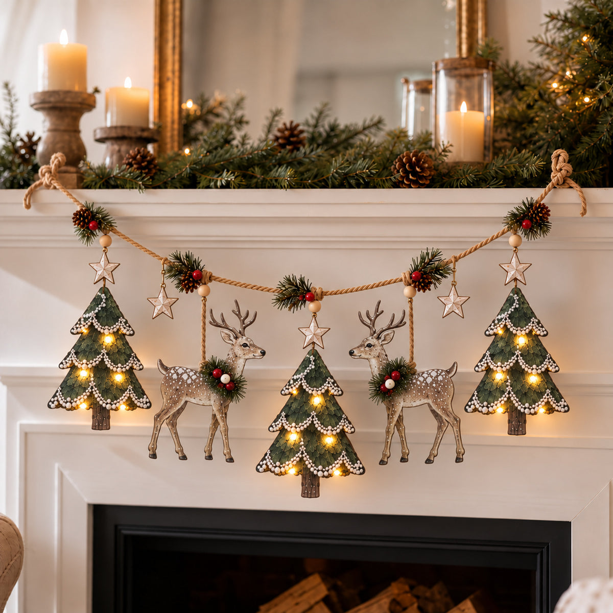 Lighted Christmas Garland With Pine Cone And Star Ornaments - Image 1