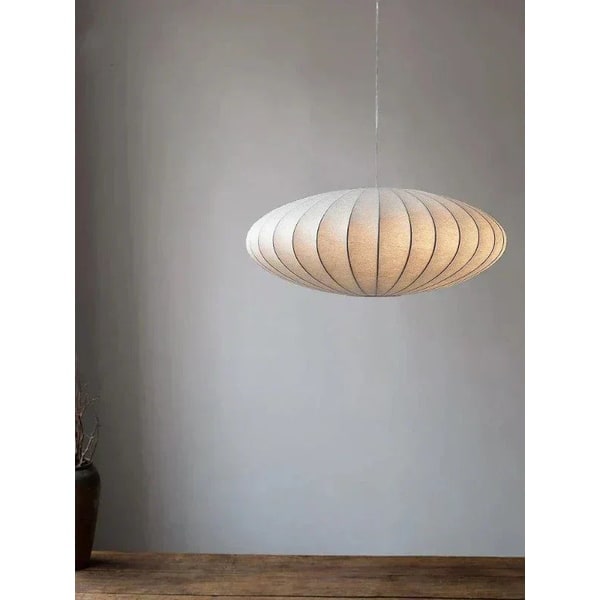 Mid Century Silk Pendant Light With Ribbed Saucer Shade - Image 1