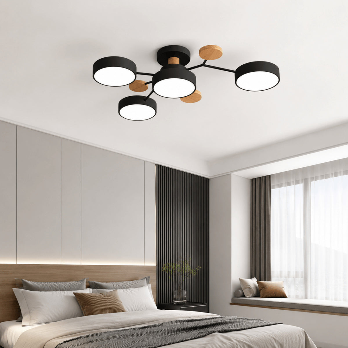 Modern Round LED Branch Ceiling Light With Wooden Accents - Image 1