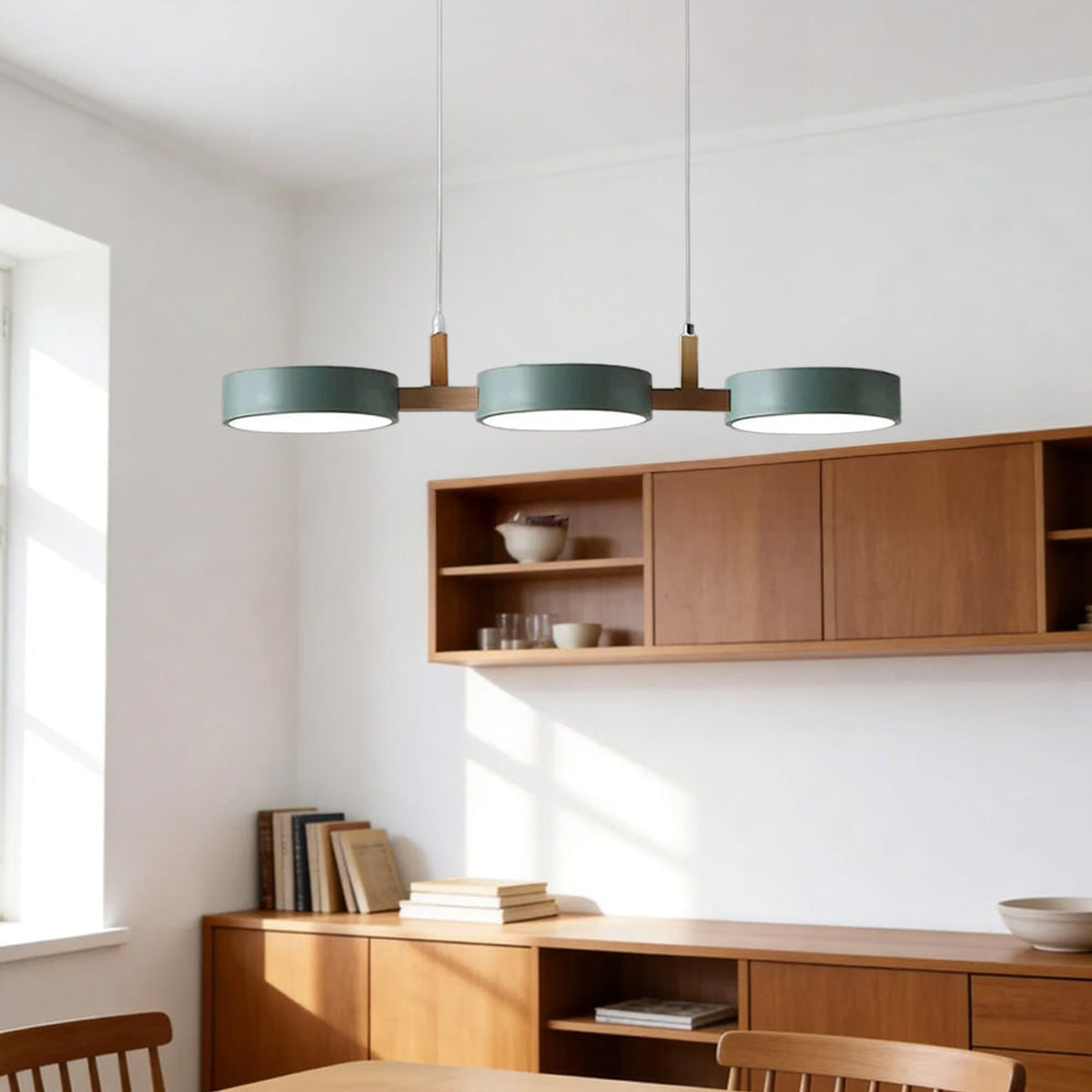 Nordic Metal Wood Pendant Light With Connected Disc Shades - Image 16