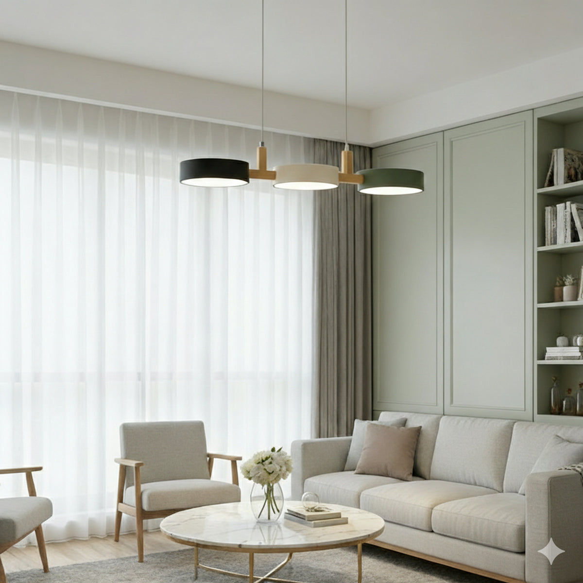 Nordic Metal Wood Pendant Light With Connected Disc Shades - Image 19
