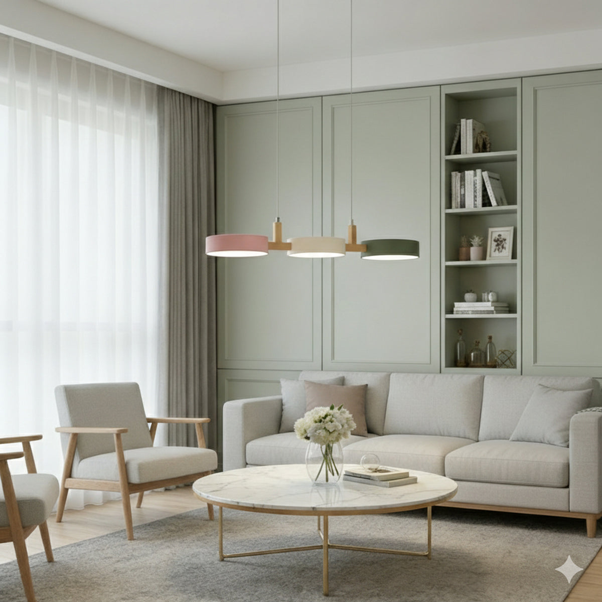 Nordic Metal Wood Pendant Light With Connected Disc Shades - Image 20