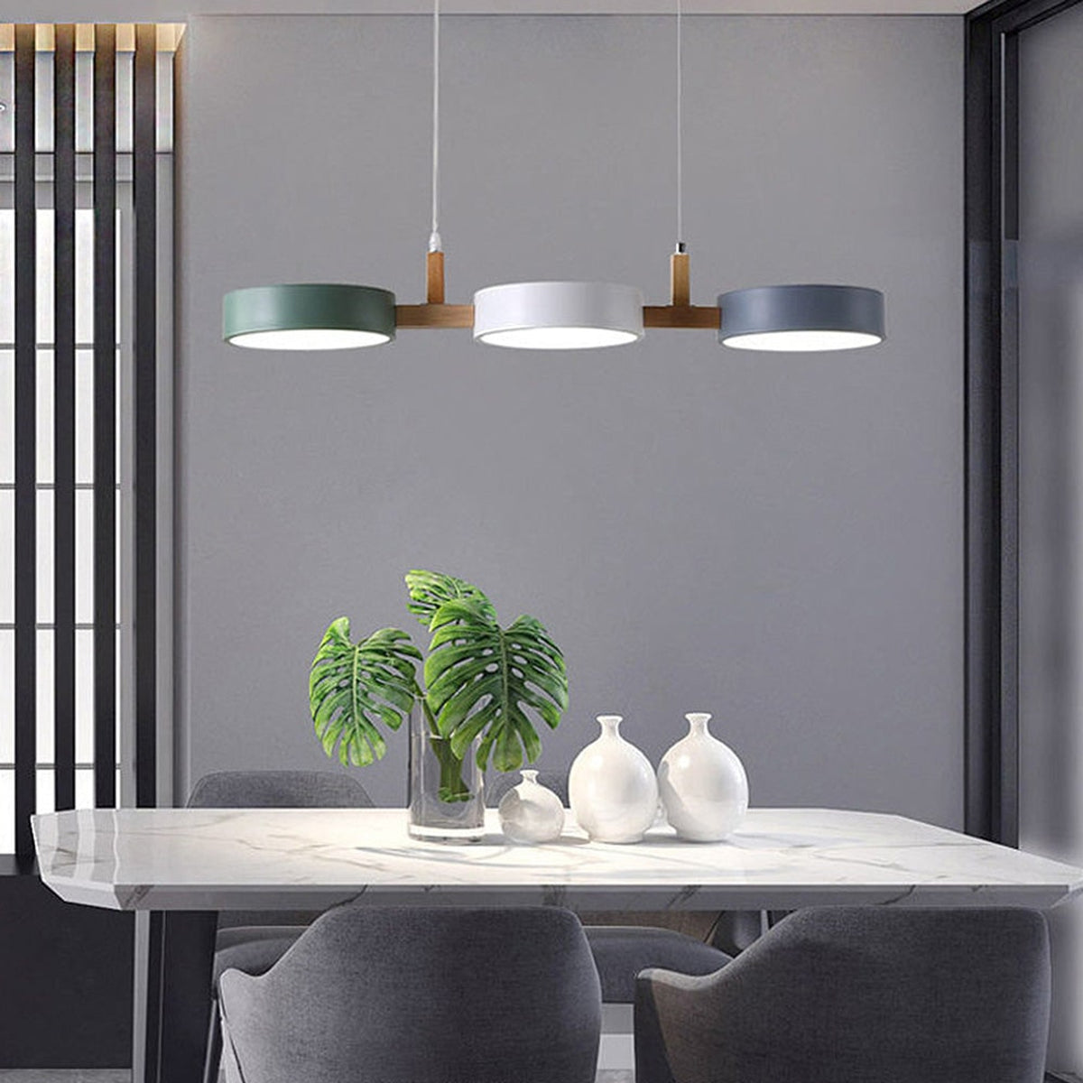 Nordic Metal Wood Pendant Light With Connected Disc Shades - Image 3