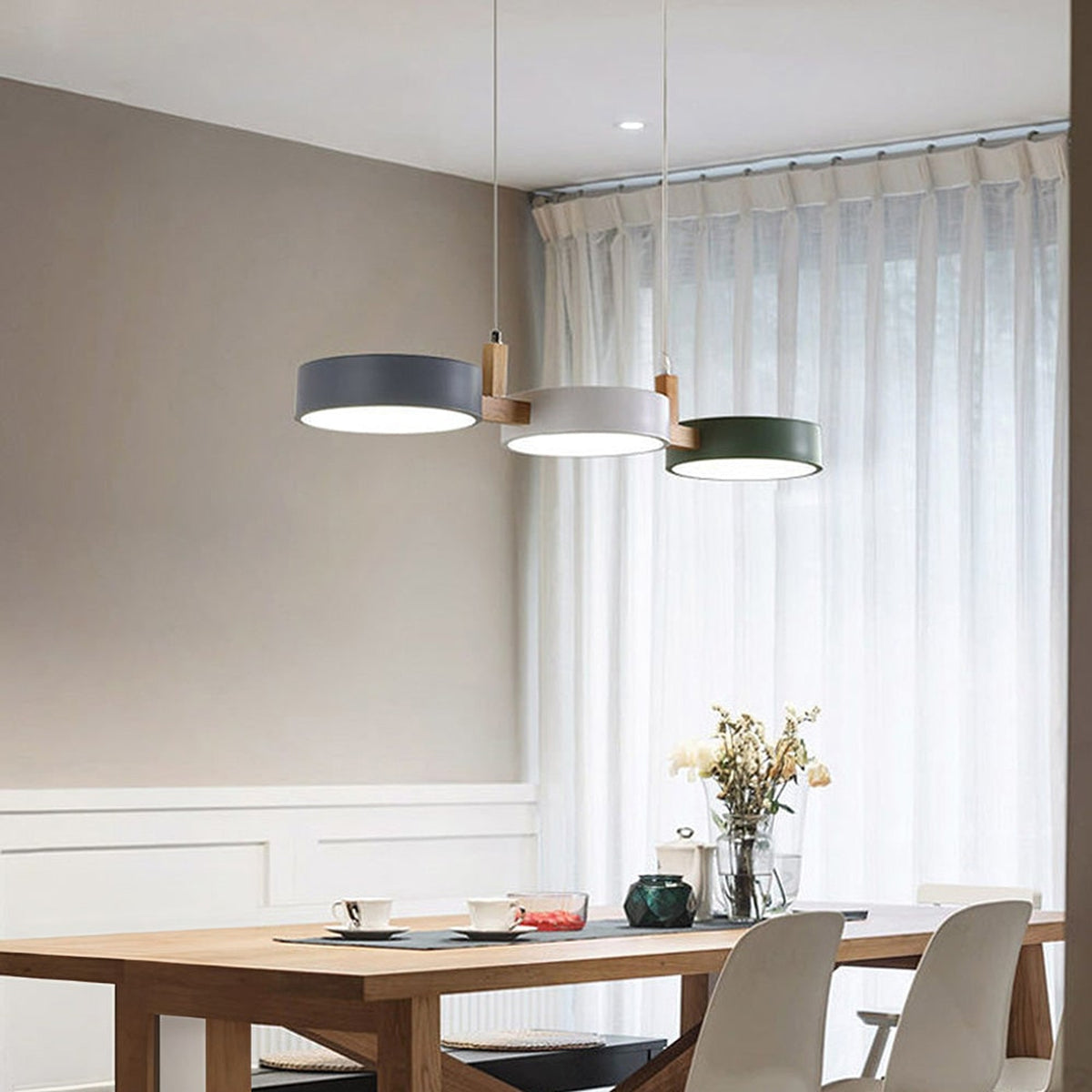 Nordic Metal Wood Pendant Light With Connected Disc Shades - Image 5