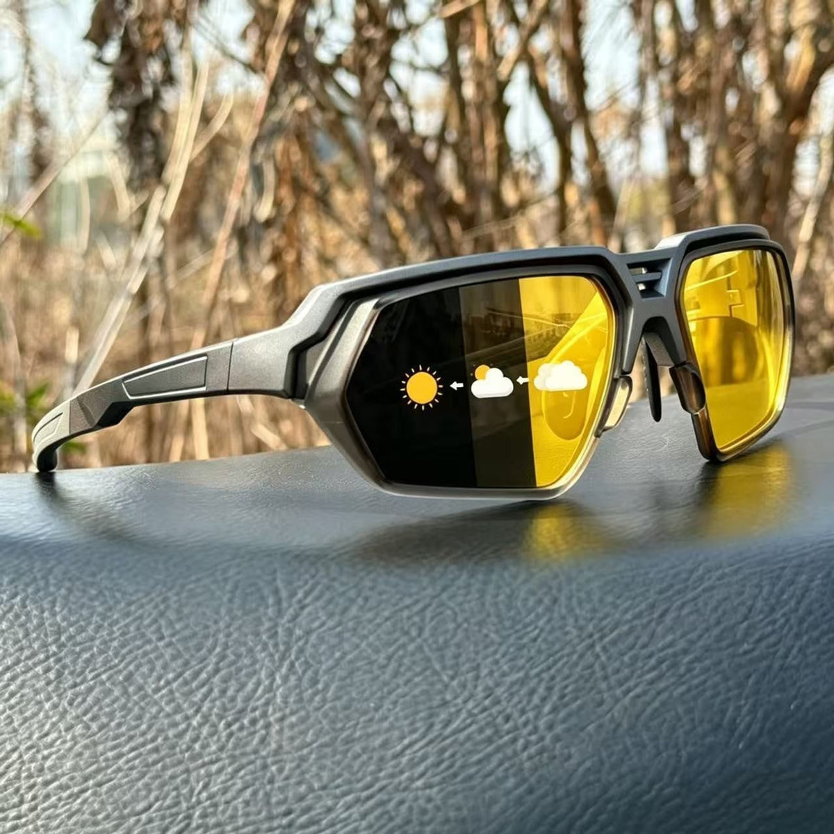 Photochromic Polarised Sports Sunglasses With Night-Enhancing Lenses And Tactical Wrap - Image 1