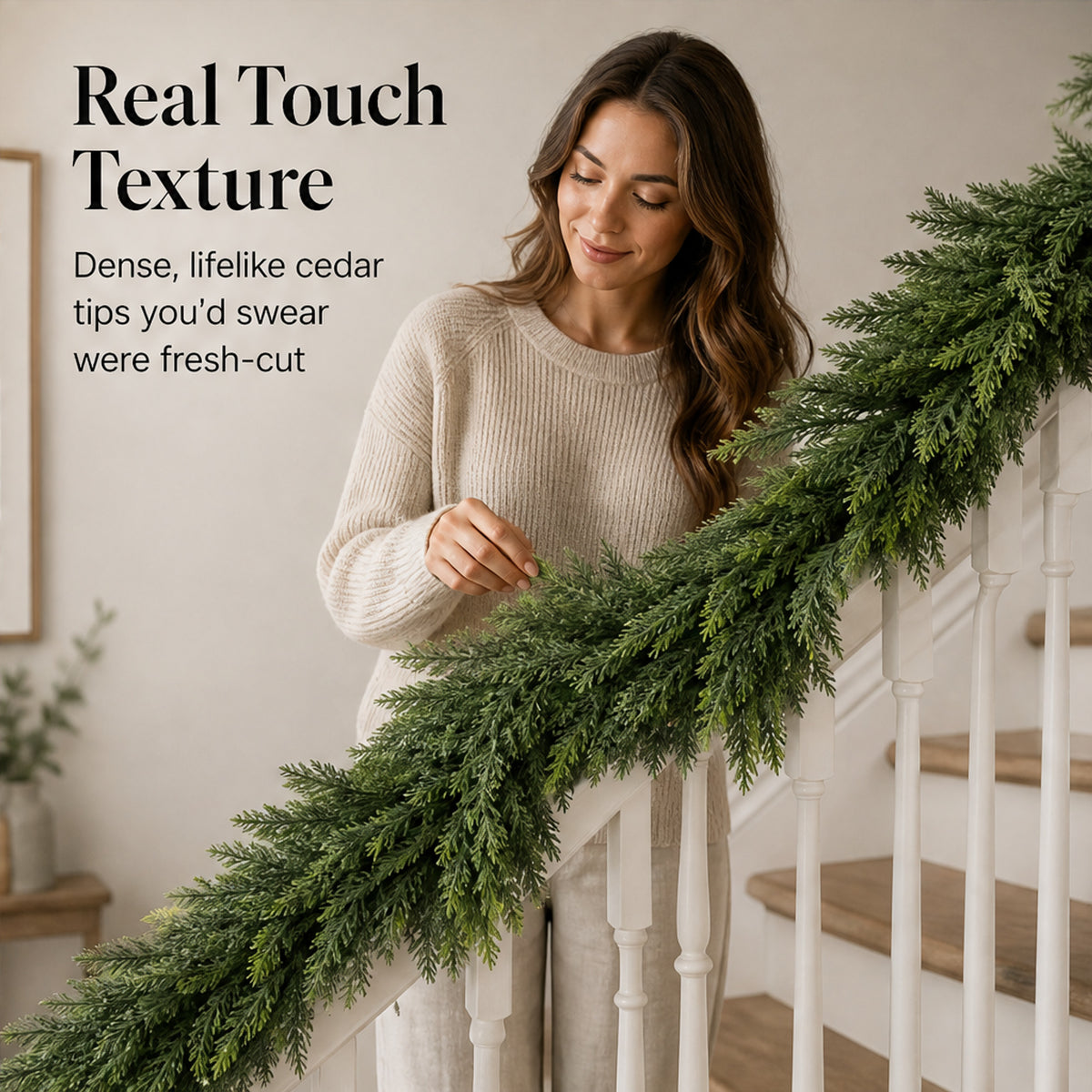 Real Touch 6ft Artificial Cedar Garland Full Lush Faux Cedar For Mantle & Stair Rail - Image 1