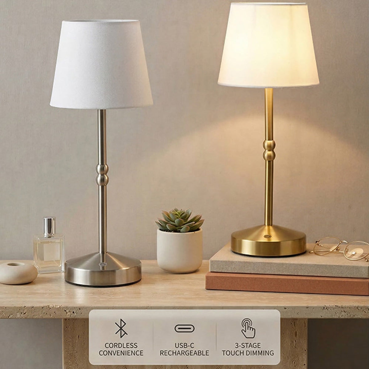 Rechargeable Table Lamp With Dimmable Touch Control And Fabric Shade - Image 4