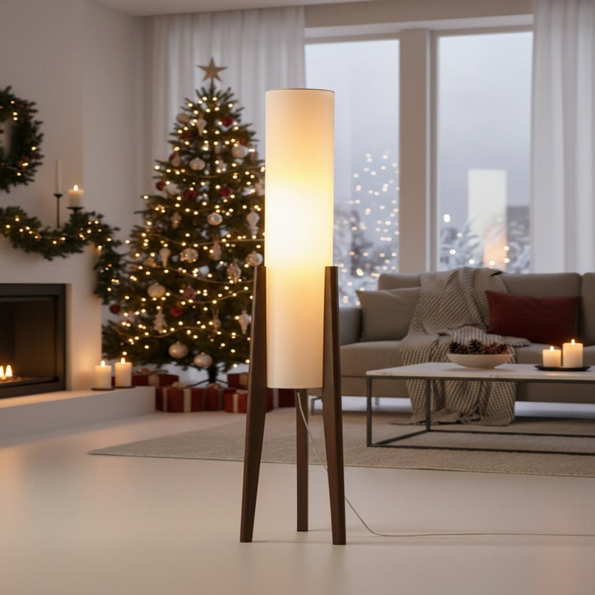 Scandinavian Walnut Wood Floor Lamp With Fabric Shade - Image 1