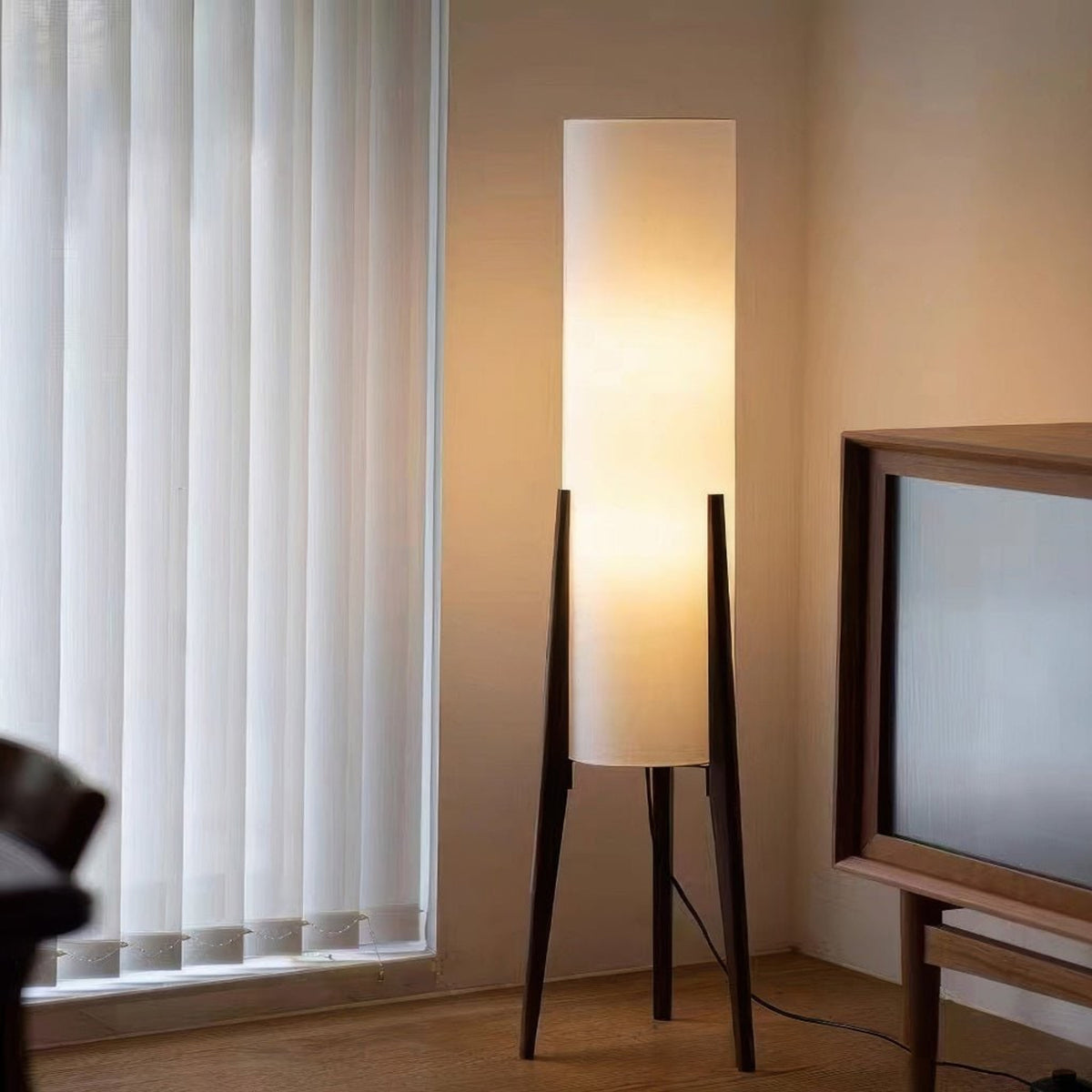 Scandinavian Walnut Wood Floor Lamp With Fabric Shade - Image 3