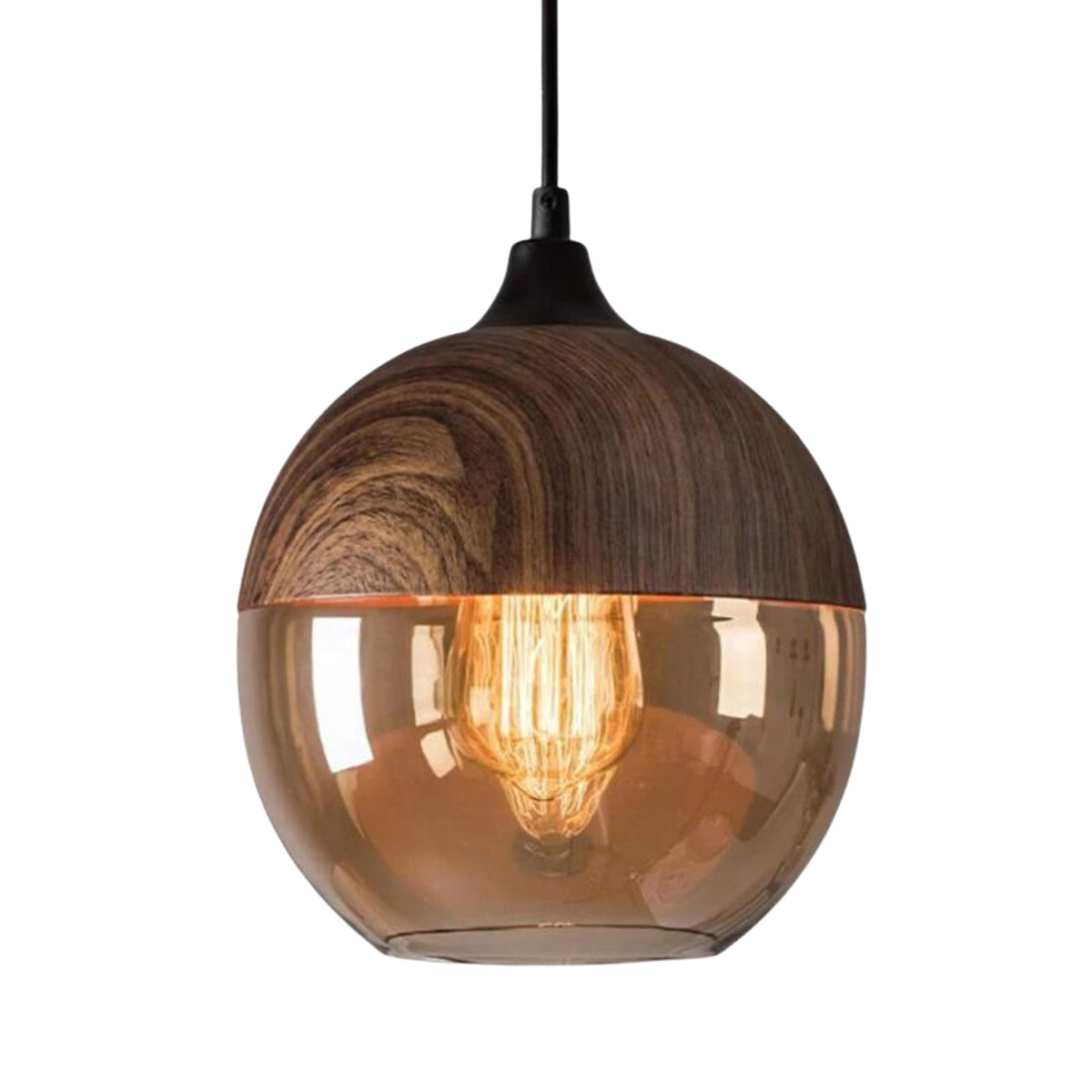 Scandinavian Wooden Pendant Light With Spherical Amber Glass Bottom - Image 1