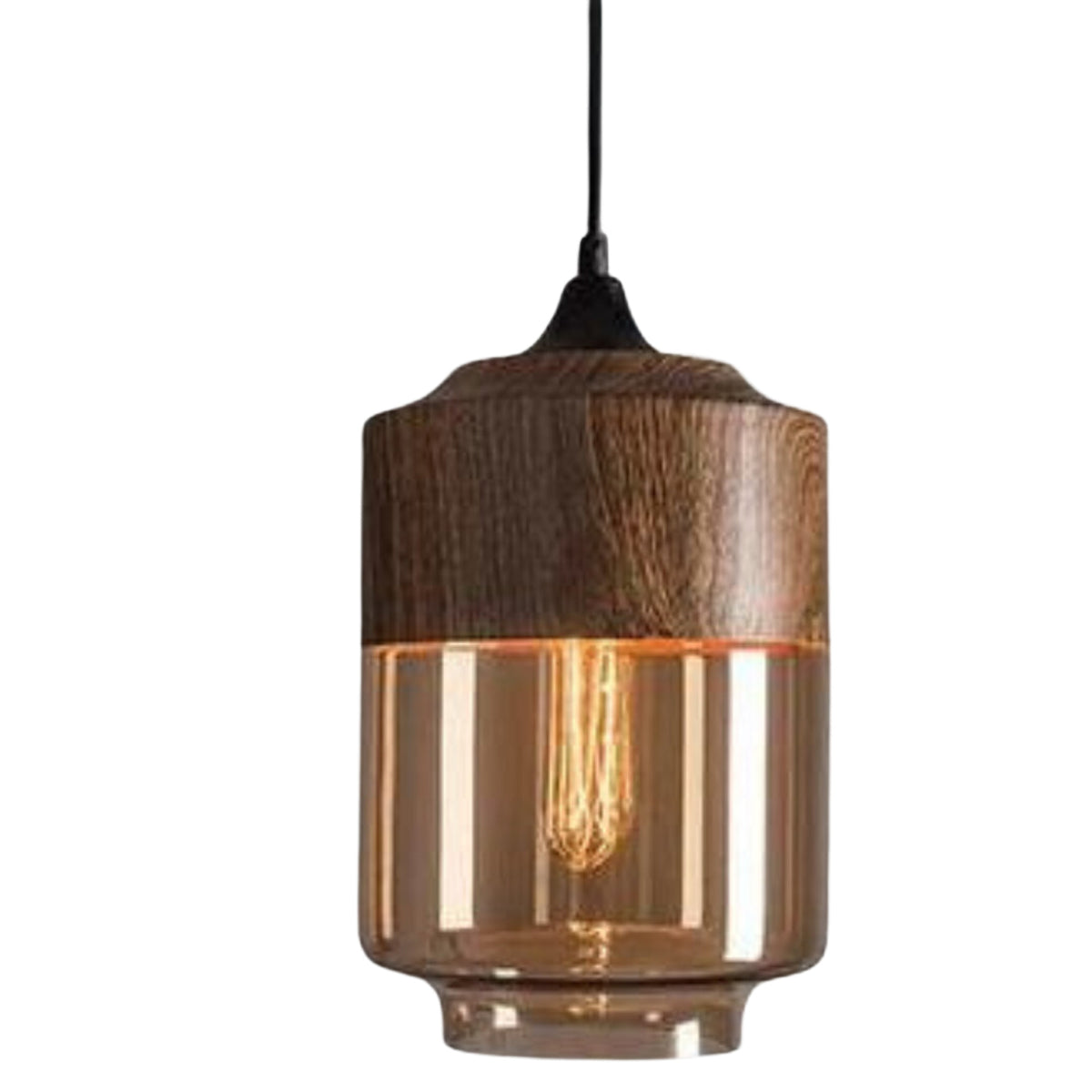 Scandinavian Wooden Pendant Light With Spherical Amber Glass Bottom - Image 3