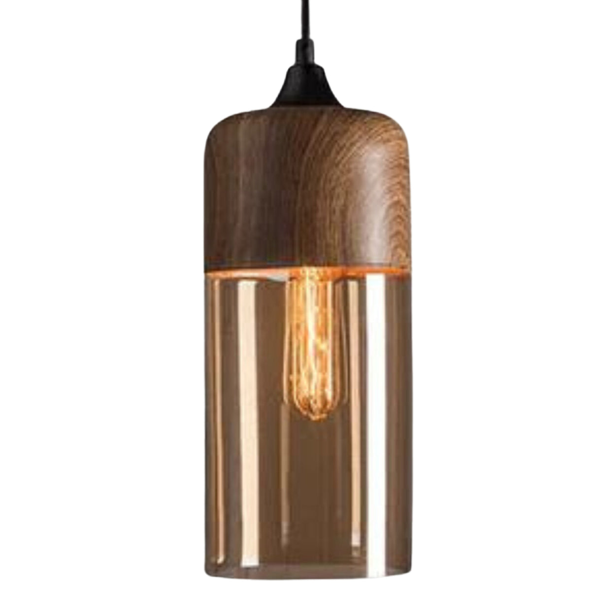 Scandinavian Wooden Pendant Light With Spherical Amber Glass Bottom - Image 4