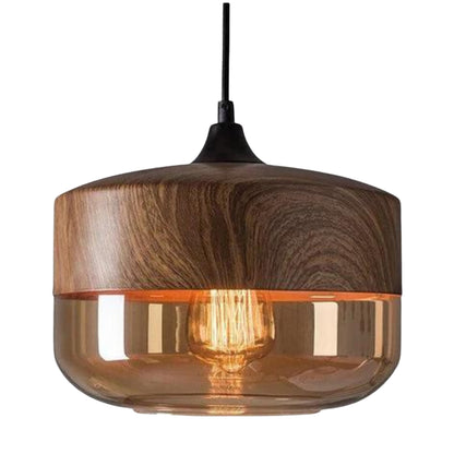 Scandinavian Wooden Pendant Light With Spherical Amber Glass Bottom - Image 2