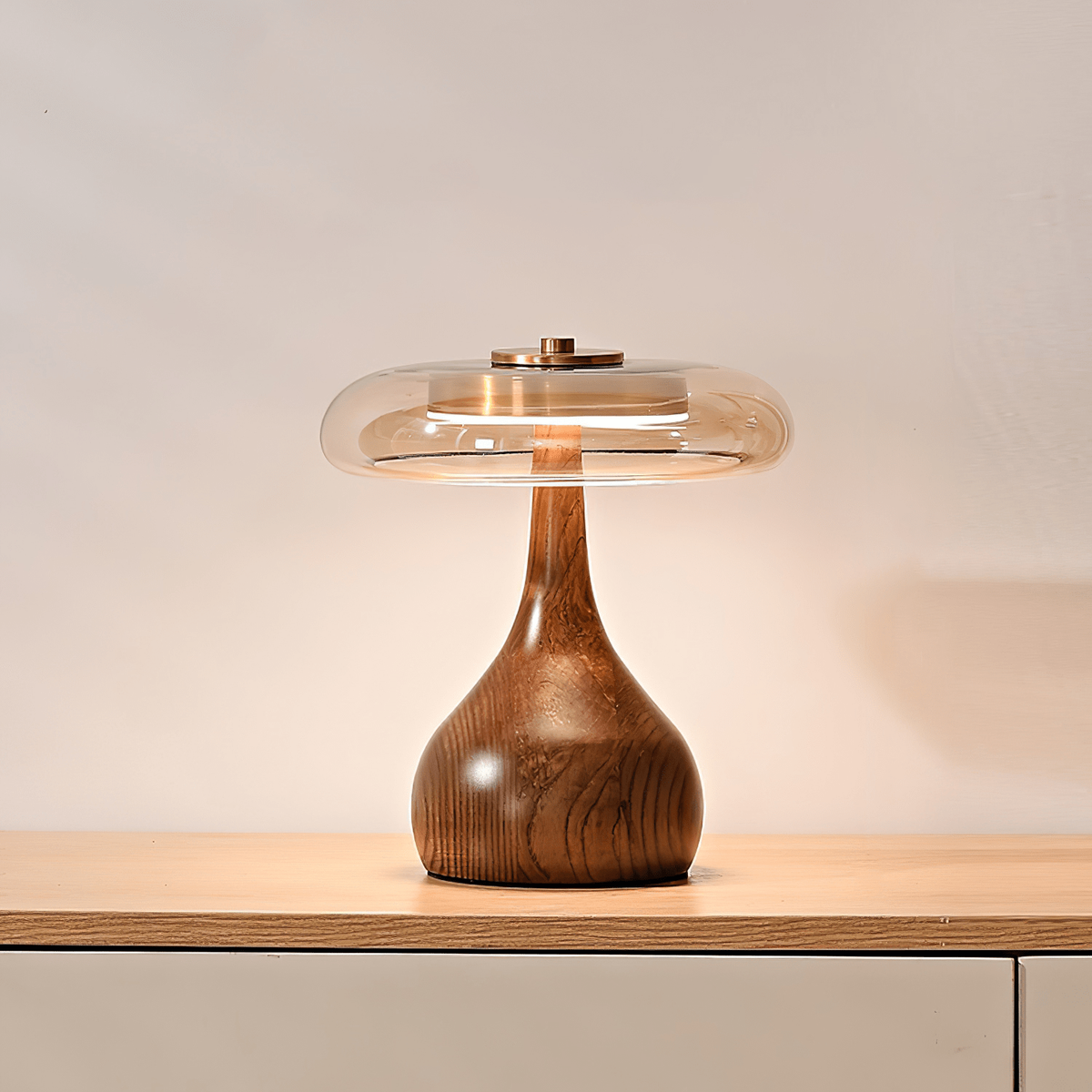 Sculpted Wooden Table Lamp With Tinted Glass Dome - Image 1