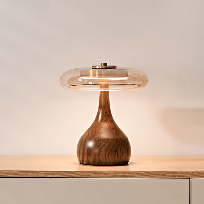 Sculpted Wooden Table Lamp With Tinted Glass Dome - Image 1