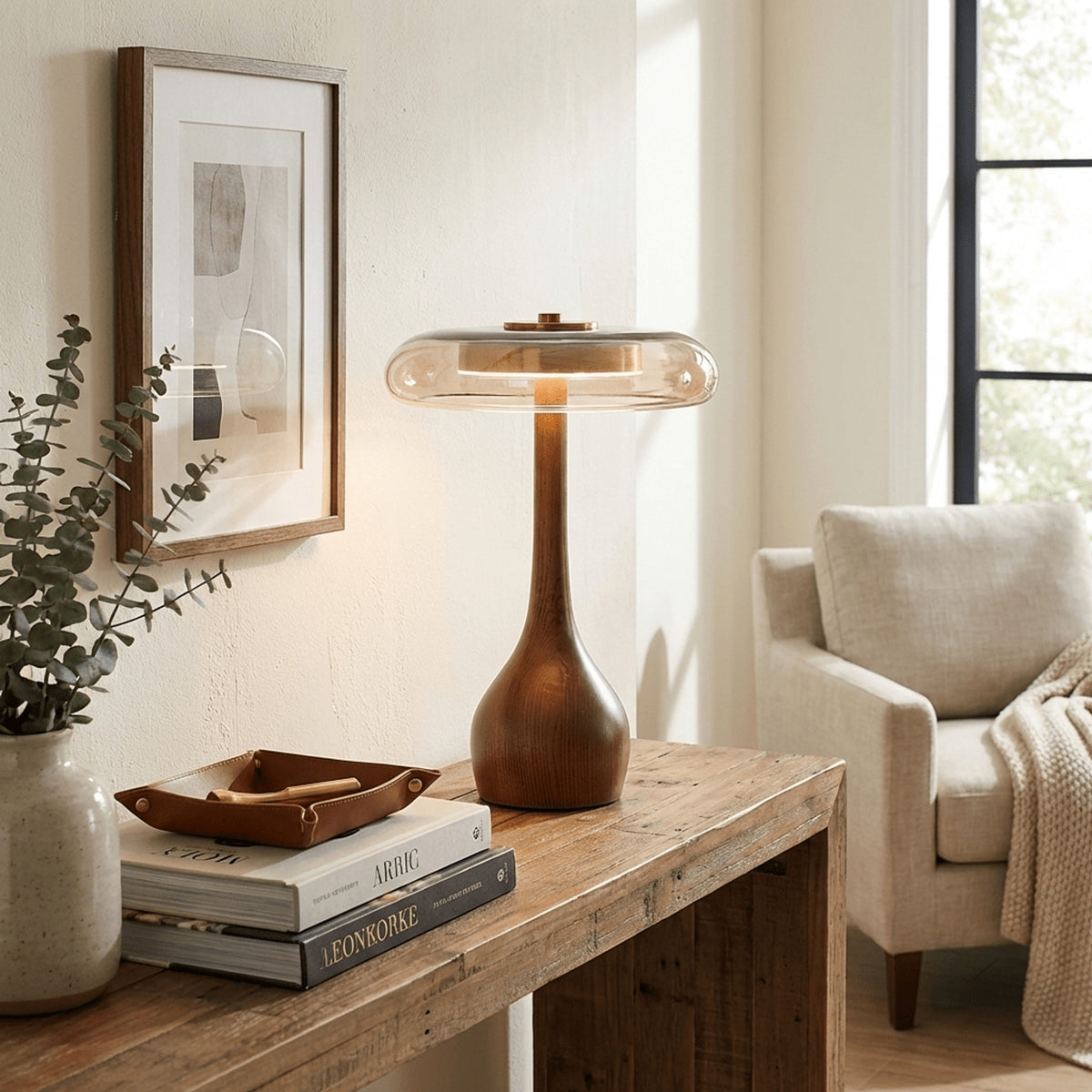 Sculpted Wooden Table Lamp With Tinted Glass Dome - Image 6