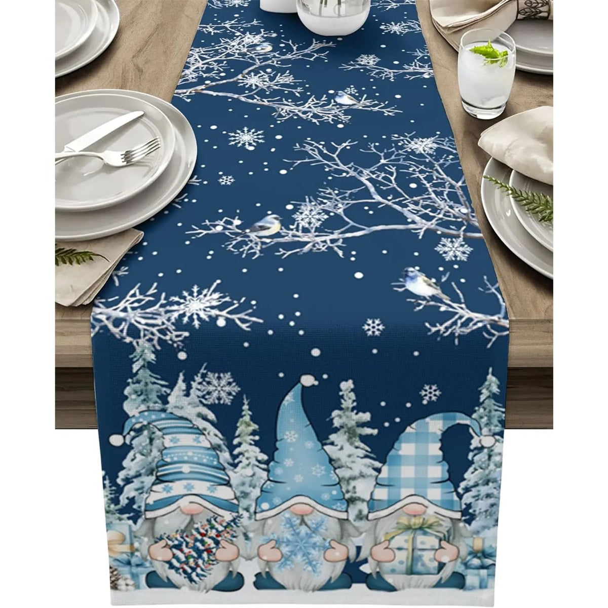 Snowflake Gnome Christmas Table Runner Luxury Linen Festive Table Decoration - Image 6