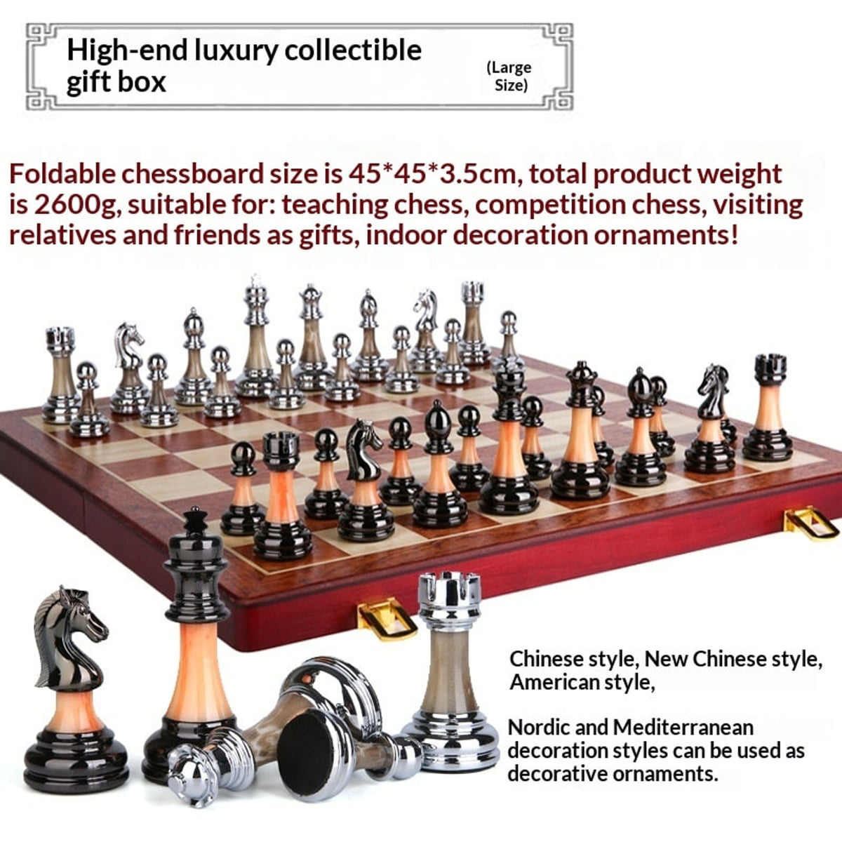 Solid-Wood Folding Chess Set With Board - Image 2