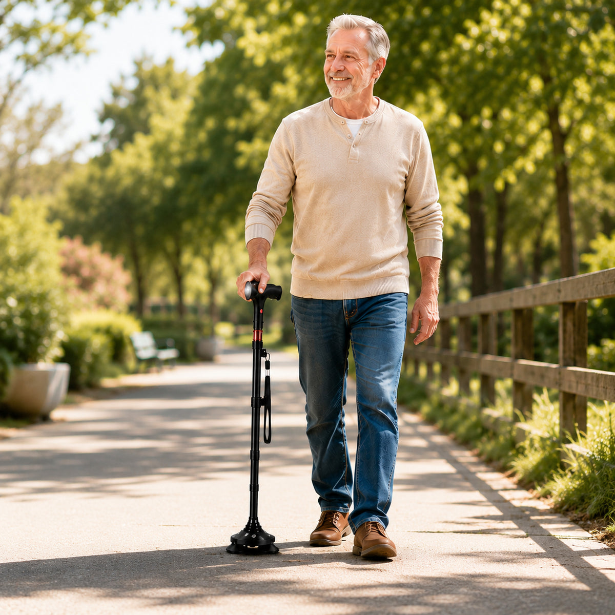 Stabilitrek Foldable Aluminium Quad Cane With Pivoting Base And LED Light - Image 1