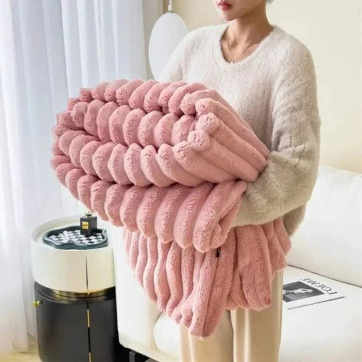 Striped Textured Faux Fur Weighted Blanket - Image 1