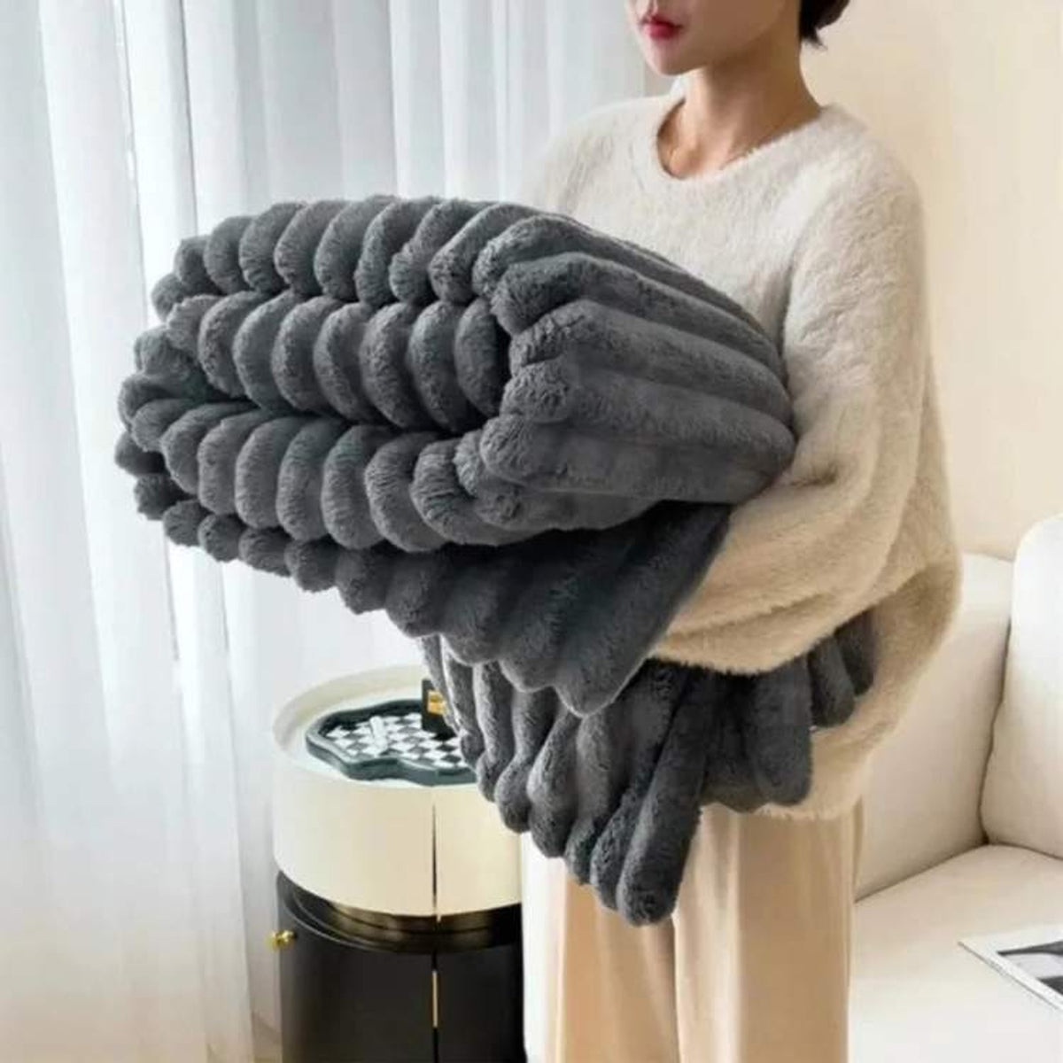 Striped Textured Faux Fur Weighted Blanket - Image 7