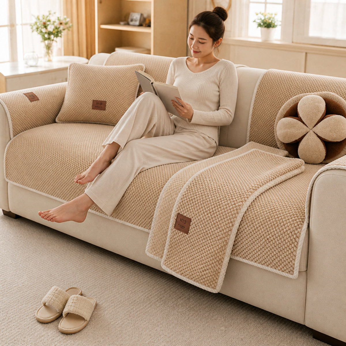 Textured Chenille Modular Sofa Cover With Anti-Slip Backing - Image 3