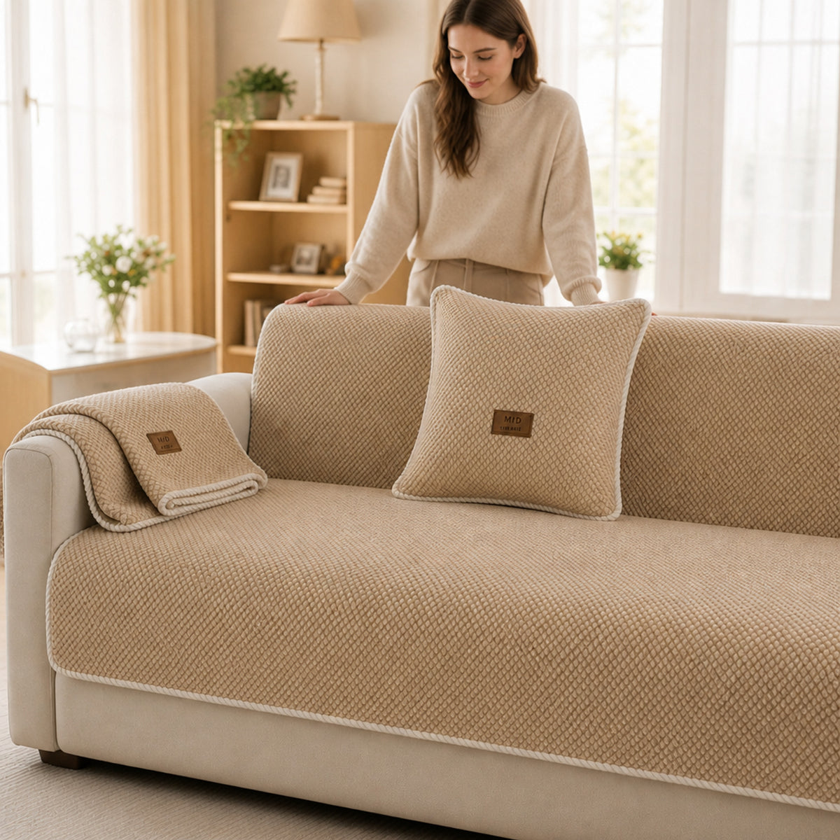 Textured Chenille Modular Sofa Cover With Anti-Slip Backing - Image 4