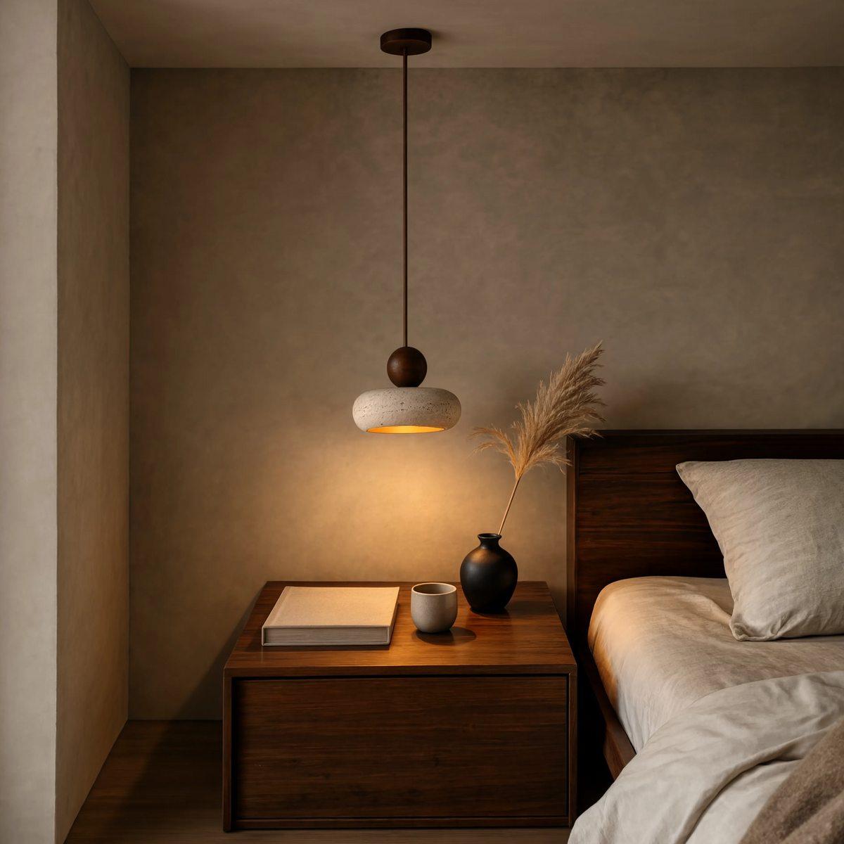 Wabi-Sabi Stone Base Travertine Wood Pendant Light With Warm LED Glow - Image 2