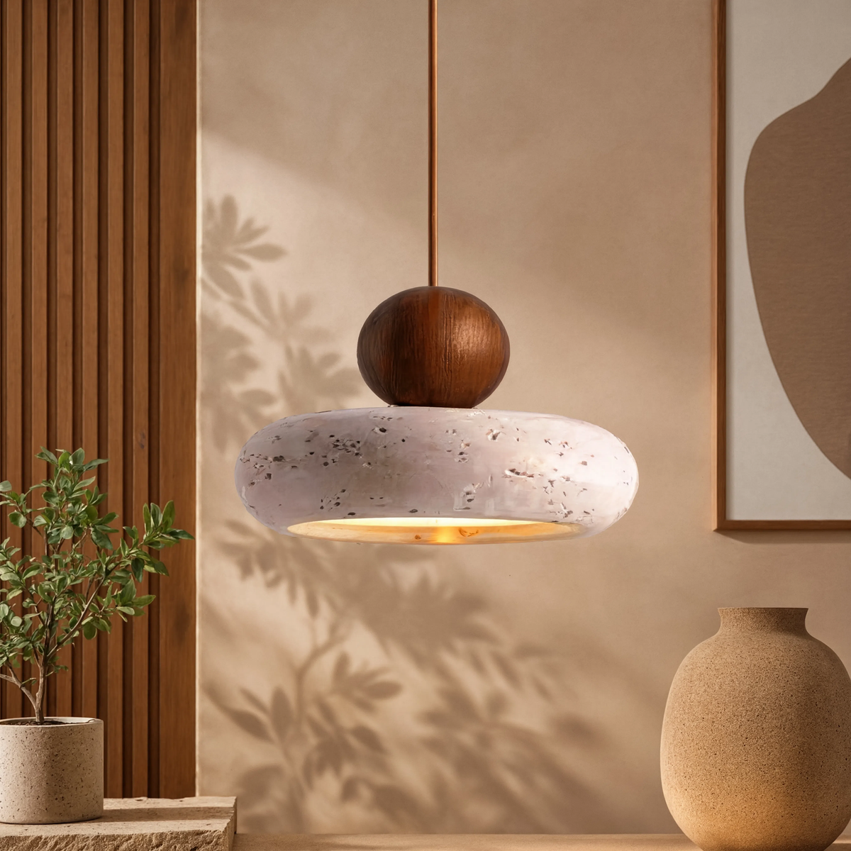 Wabi-Sabi Stone Base Travertine Wood Pendant Light With Warm LED Glow - Image 4