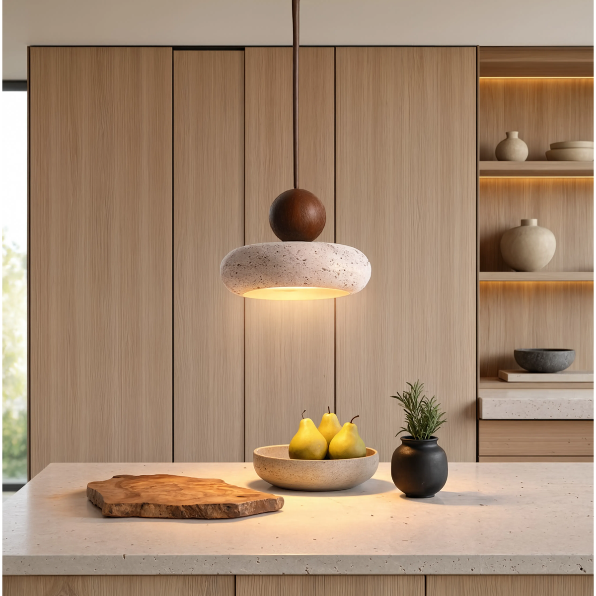 Wabi-Sabi Stone Base Travertine Wood Pendant Light With Warm LED Glow - Image 5
