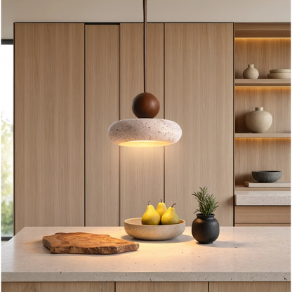 Wabi-Sabi Stone Base Travertine Wood Pendant Light With Warm LED Glow - Image 5