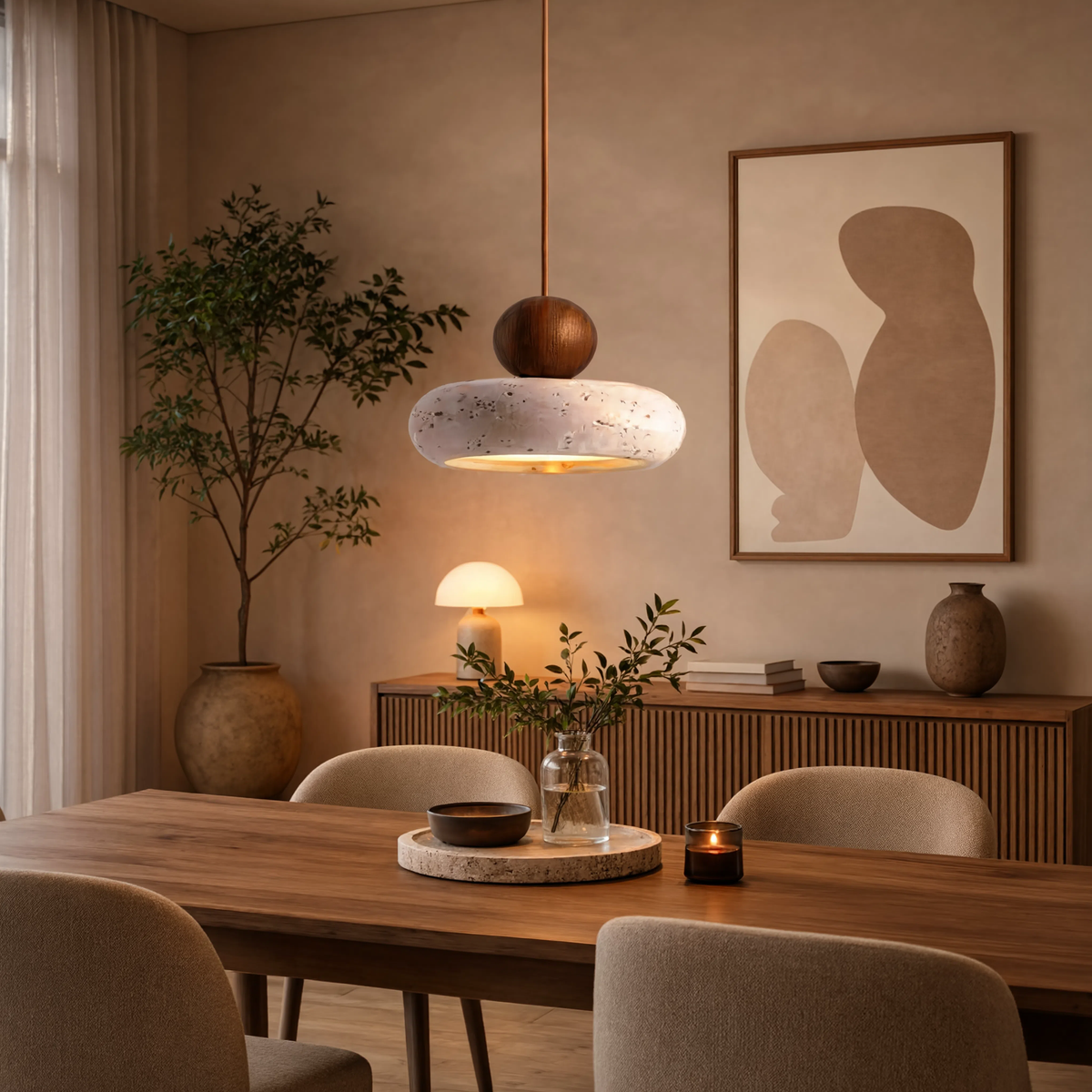 Wabi-Sabi Stone Base Travertine Wood Pendant Light With Warm LED Glow - Image 6