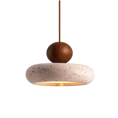 Wabi-Sabi Stone Base Travertine Wood Pendant Light With Warm LED Glow - Image 8