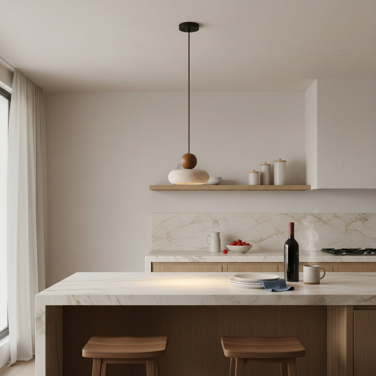Wabi-Sabi Stone Base Travertine Wood Pendant Light With Warm LED Glow - Image 1