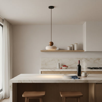 Wabi-Sabi Stone Base Travertine Wood Pendant Light With Warm LED Glow - Image 1