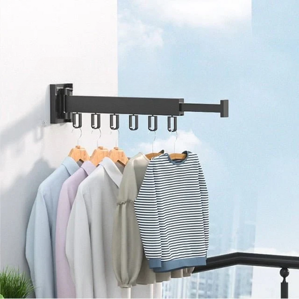 Wall Mounted Drying Rack With Retractable Metal Bar And Hooks For Laundry