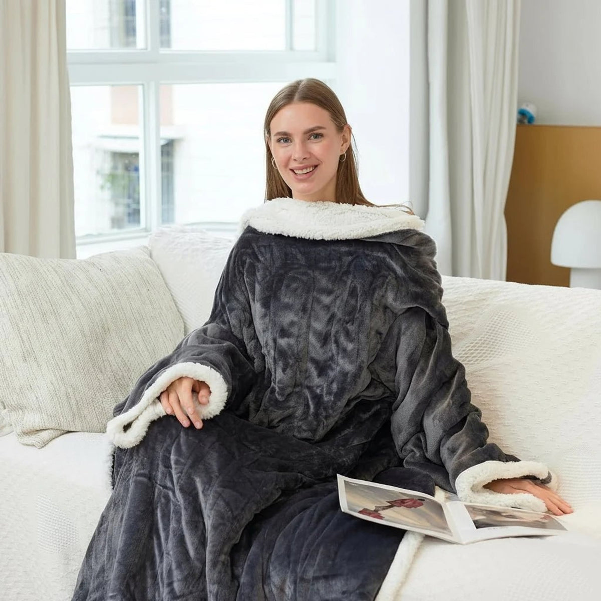 Wearable Heated Throw With Sherpa Fleece Lining And Detachable Controller - Image 1