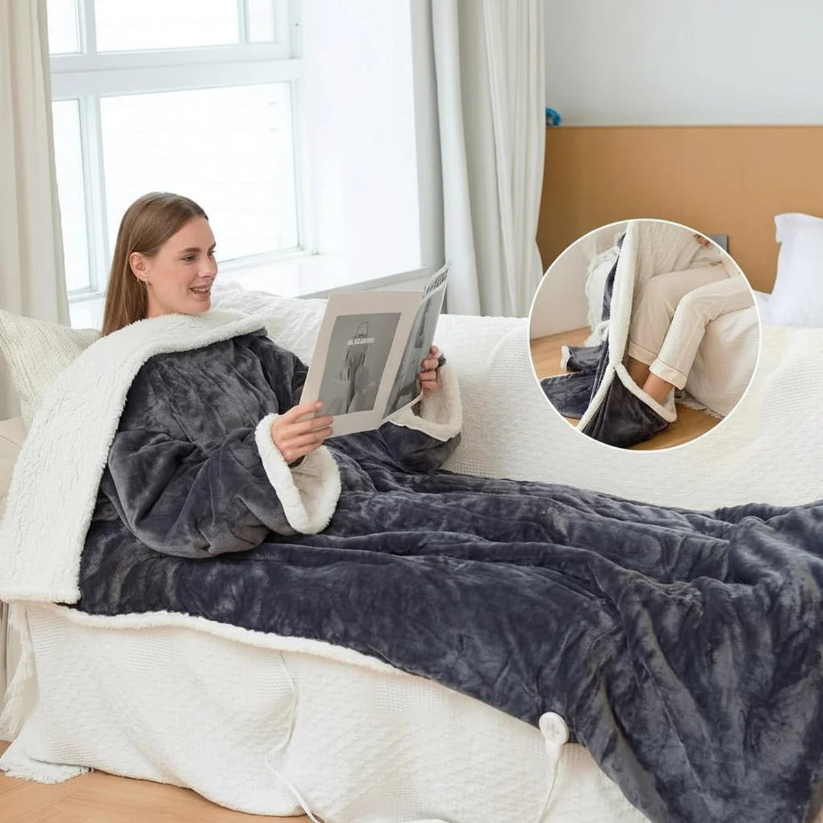 Wearable Heated Throw With Sherpa Fleece Lining And Detachable Controller - Image 3