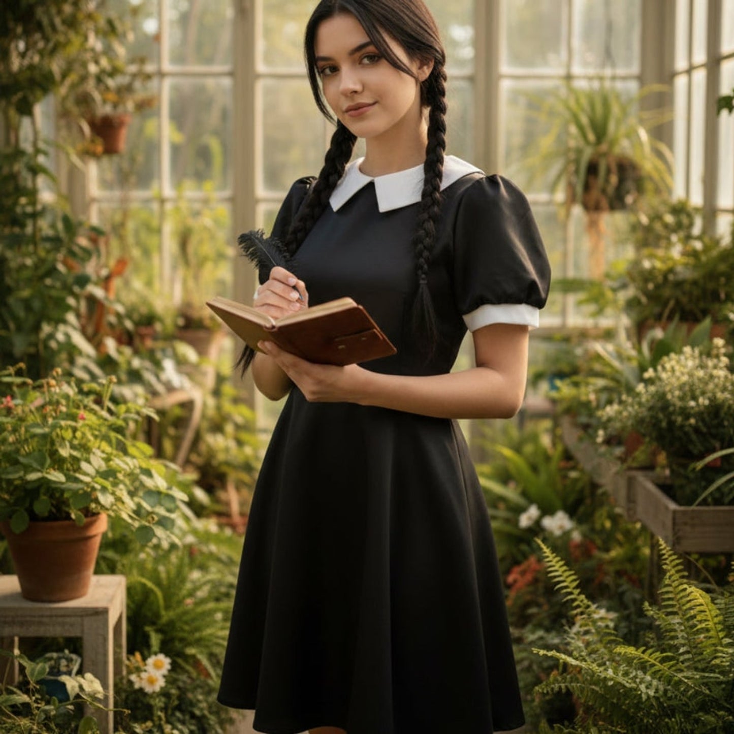 Women's Gothic Schoolgirl Halloween Costume With White Collar And Long Sleeves - Image 2