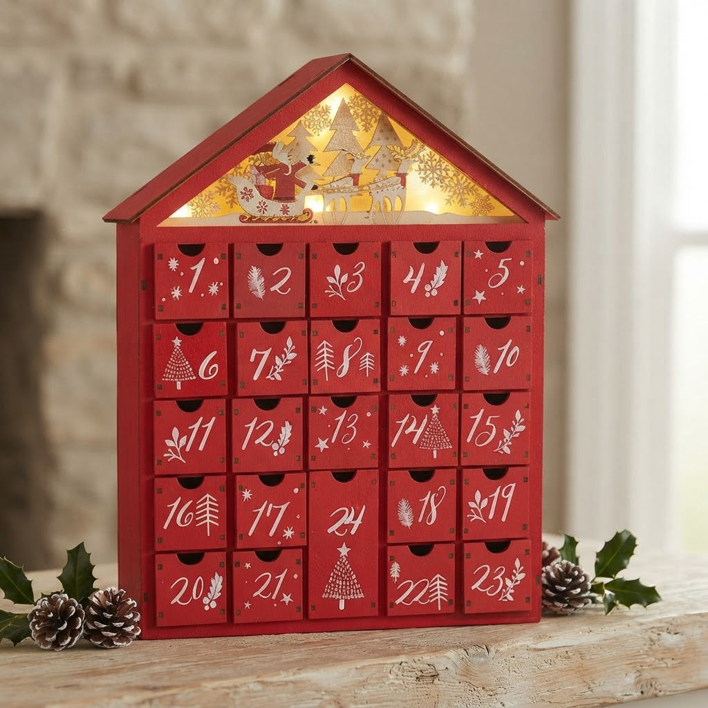 24 Compartments Warm LED Light Ambience Christmas Wooden Advent Calendar - Image 3