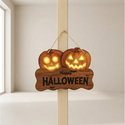 Wooden Halloween Sign With Integrated Glowing Pumpkins Hanging Decoration For Indoor And Outdoor Display - Image 1