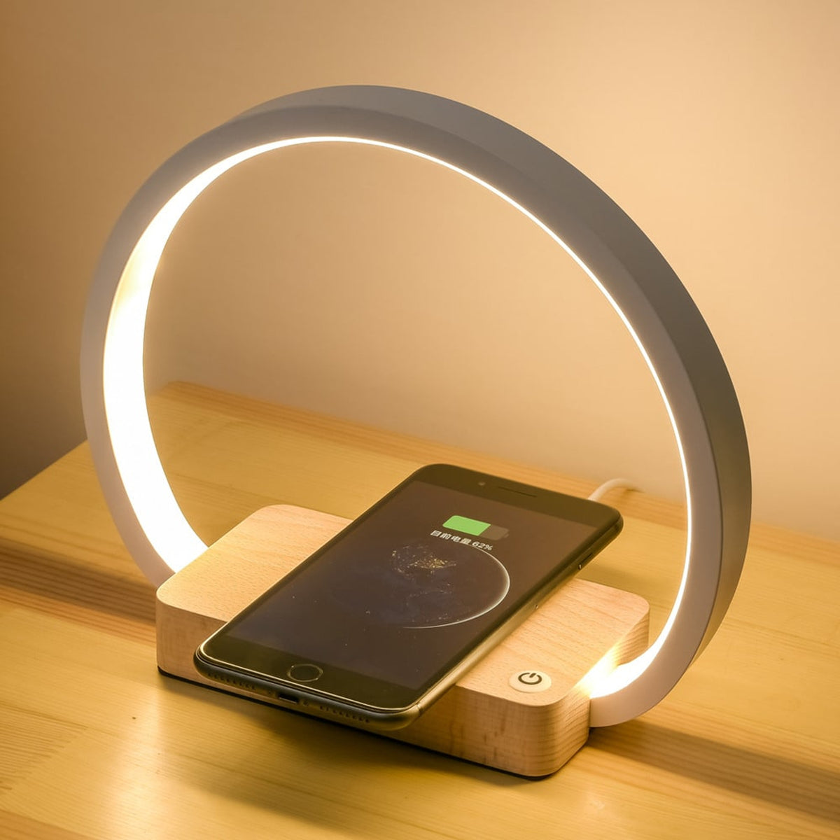 Wooden Round Table Lamp With Wireless Charging - Image 1