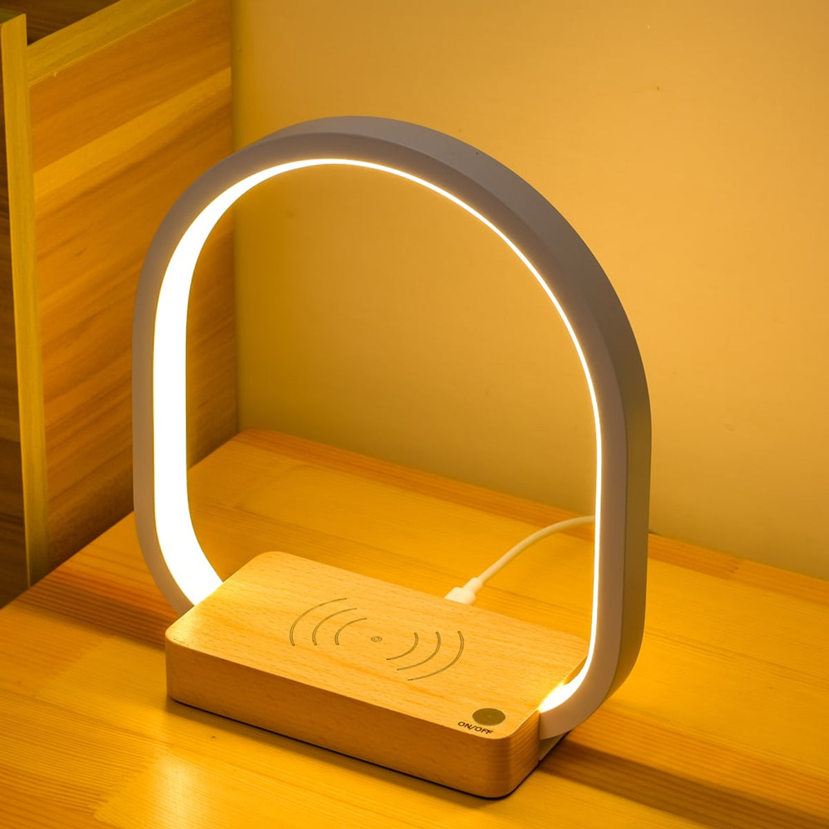 Wooden Round Table Lamp With Wireless Charging - Image 8